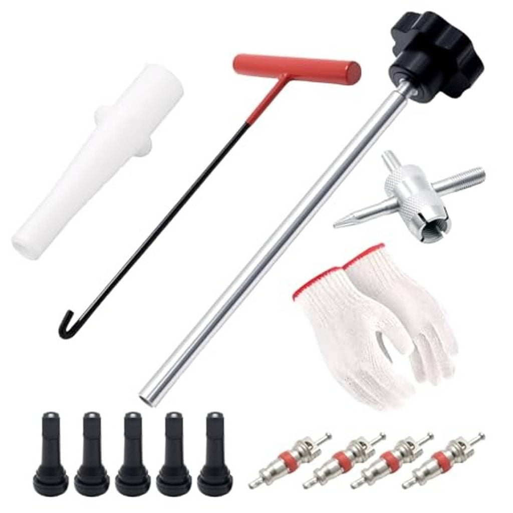 Tire valve core replacement kit with red handle tool, gloves, and valve core parts