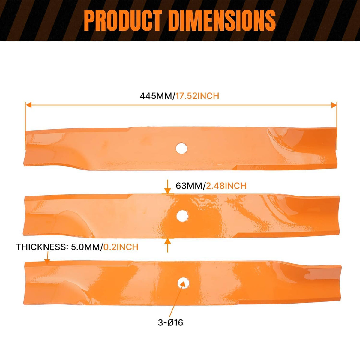 Orange mower deck blade with mounting hole, thickness and size shown