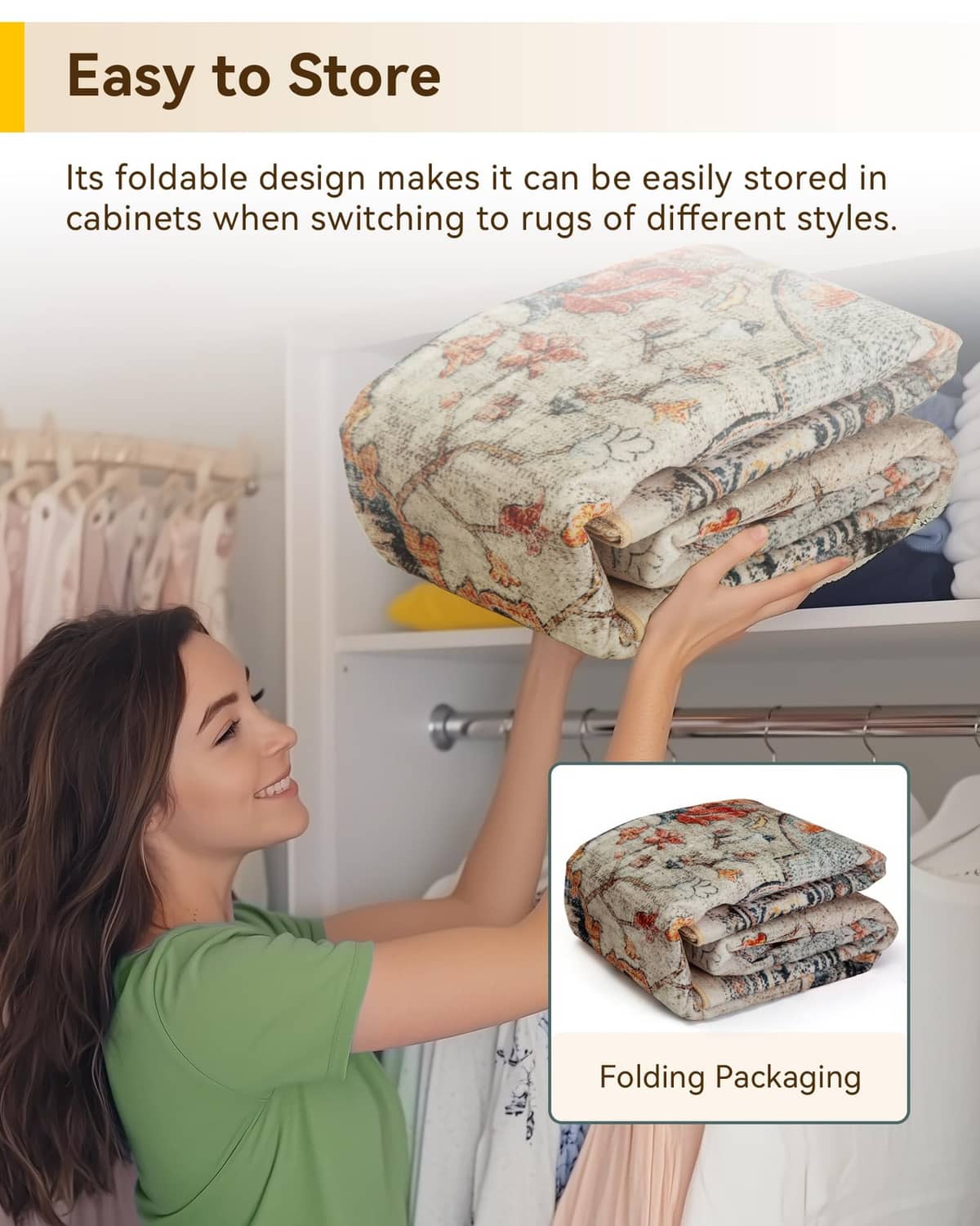 Folded rectangular area rug with ornate beige, blue, and orange pattern for easy storage.