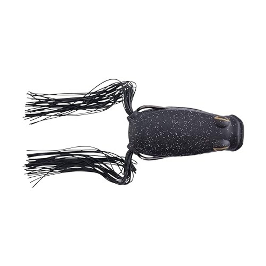 Black speckled frog lure with shaggy skirt and front double hooks