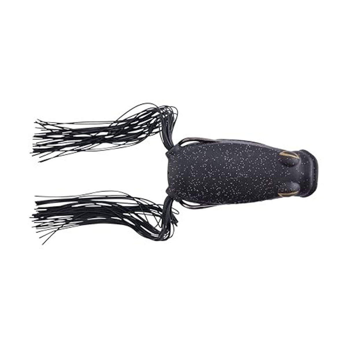 Black speckled frog lure with shaggy skirt and front double hooks
