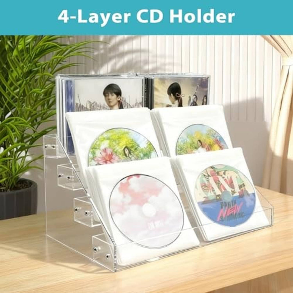 Clear acrylic 4-tier CD holder with visible CD sleeves arranged on tiers