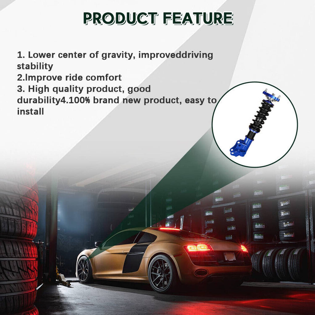 Adjustable coilover suspension strut kit with blue shocks and black springs