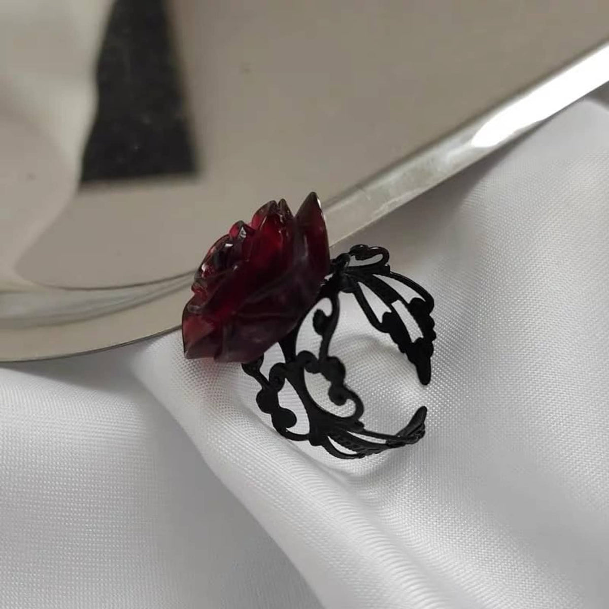 Dark red rose gothic statement ring on black scroll band, adjustable