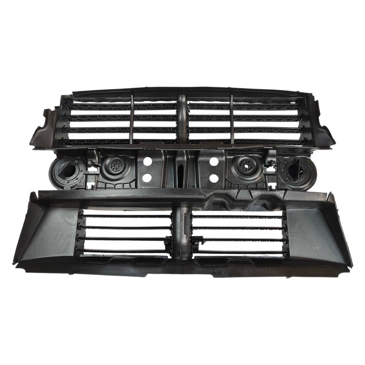 Front grille shutter assembly with motor, grille slats with circular motor housings