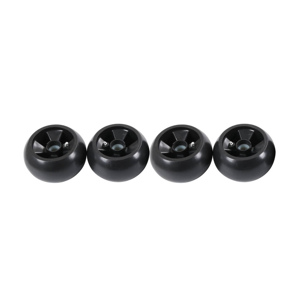 Black deck mower wheel set with four wheels and metal mounting hubs