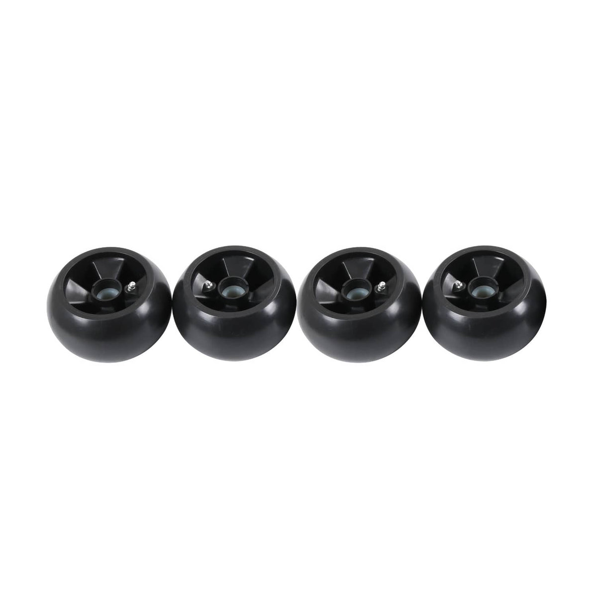 Black deck mower wheel set with four wheels and metal mounting hubs