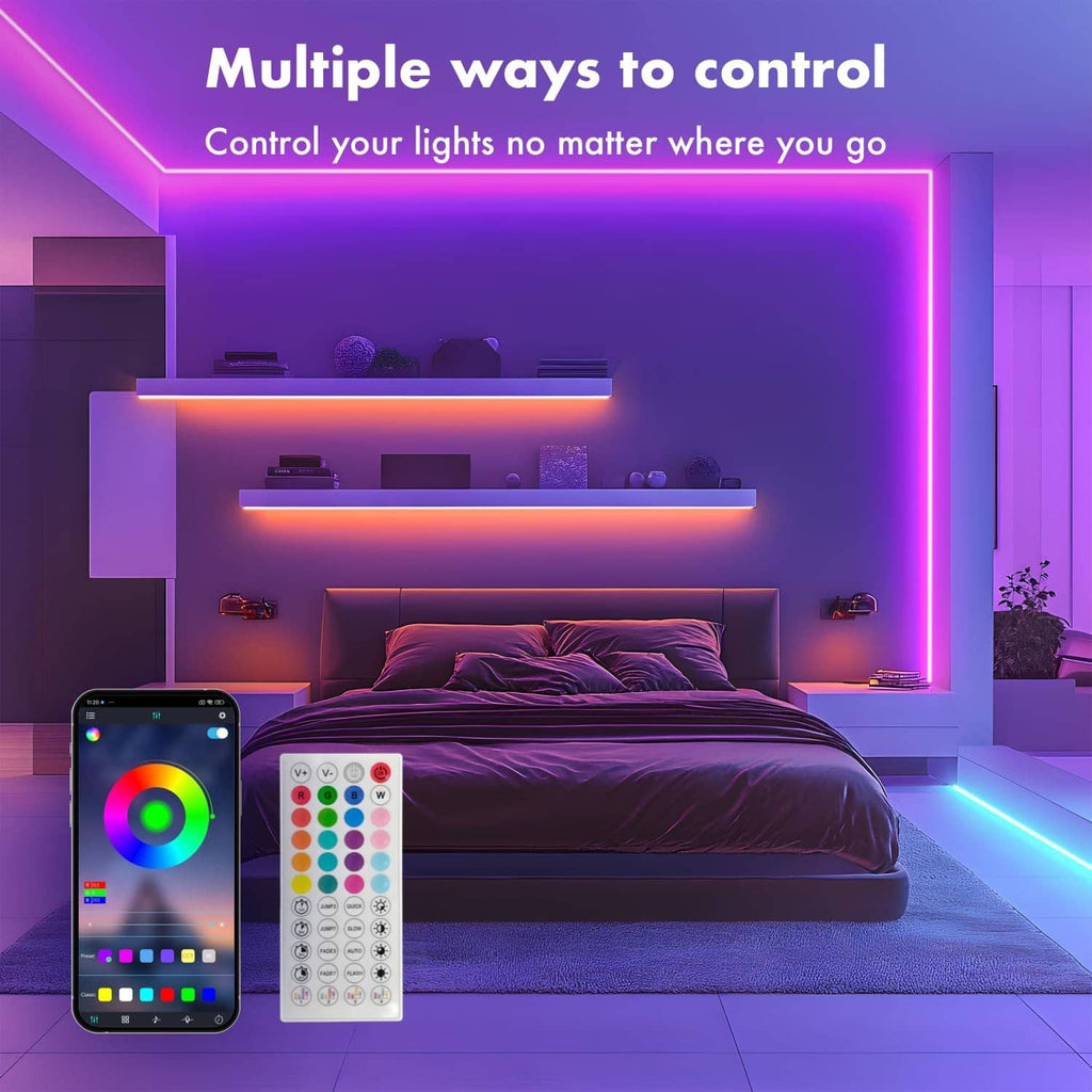 RGB LED neon rope lights glowing in zigzag lines; smartphone app color control