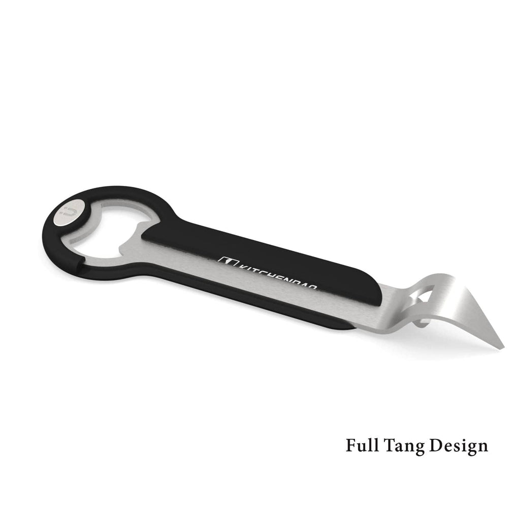 Bottle and can opener with black loop grip and silver full-tang blade