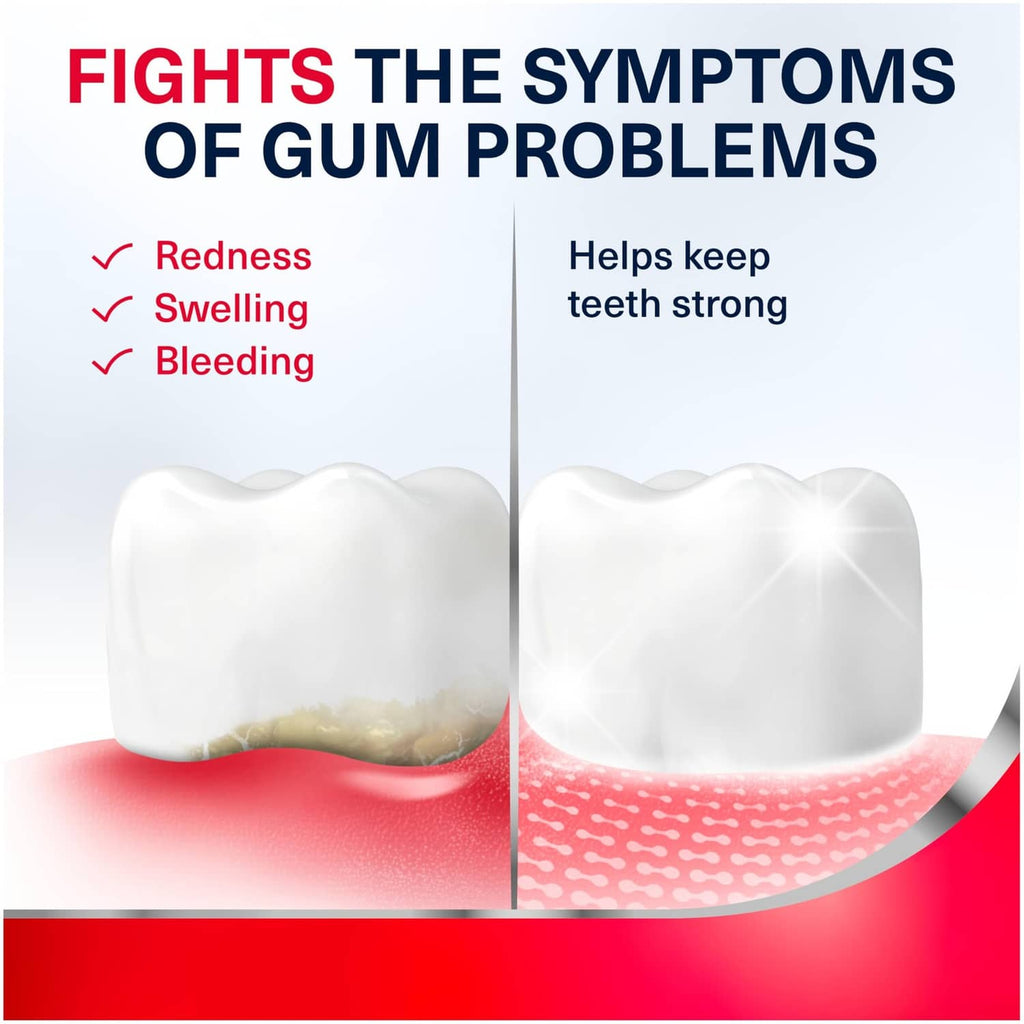Tooth health comparison graphic showing reduced redness, swelling, and bleeding gums