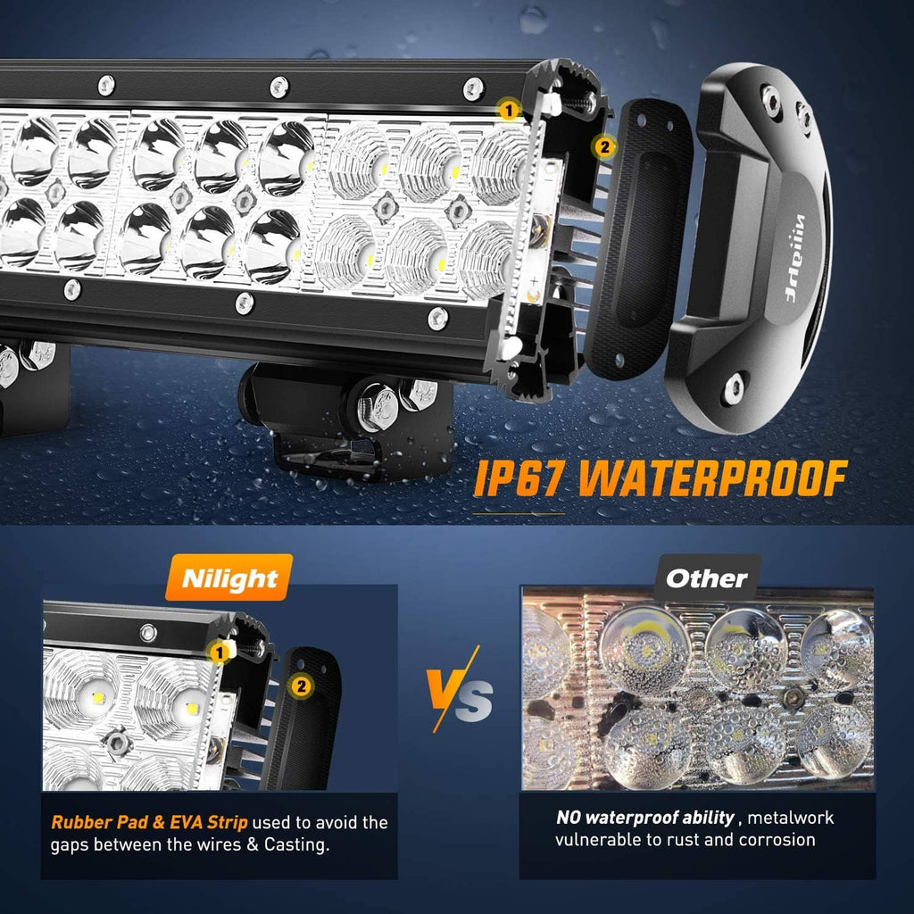 Waterproof IP67 LED light bar with sealed LED array and rubber grommet mounts