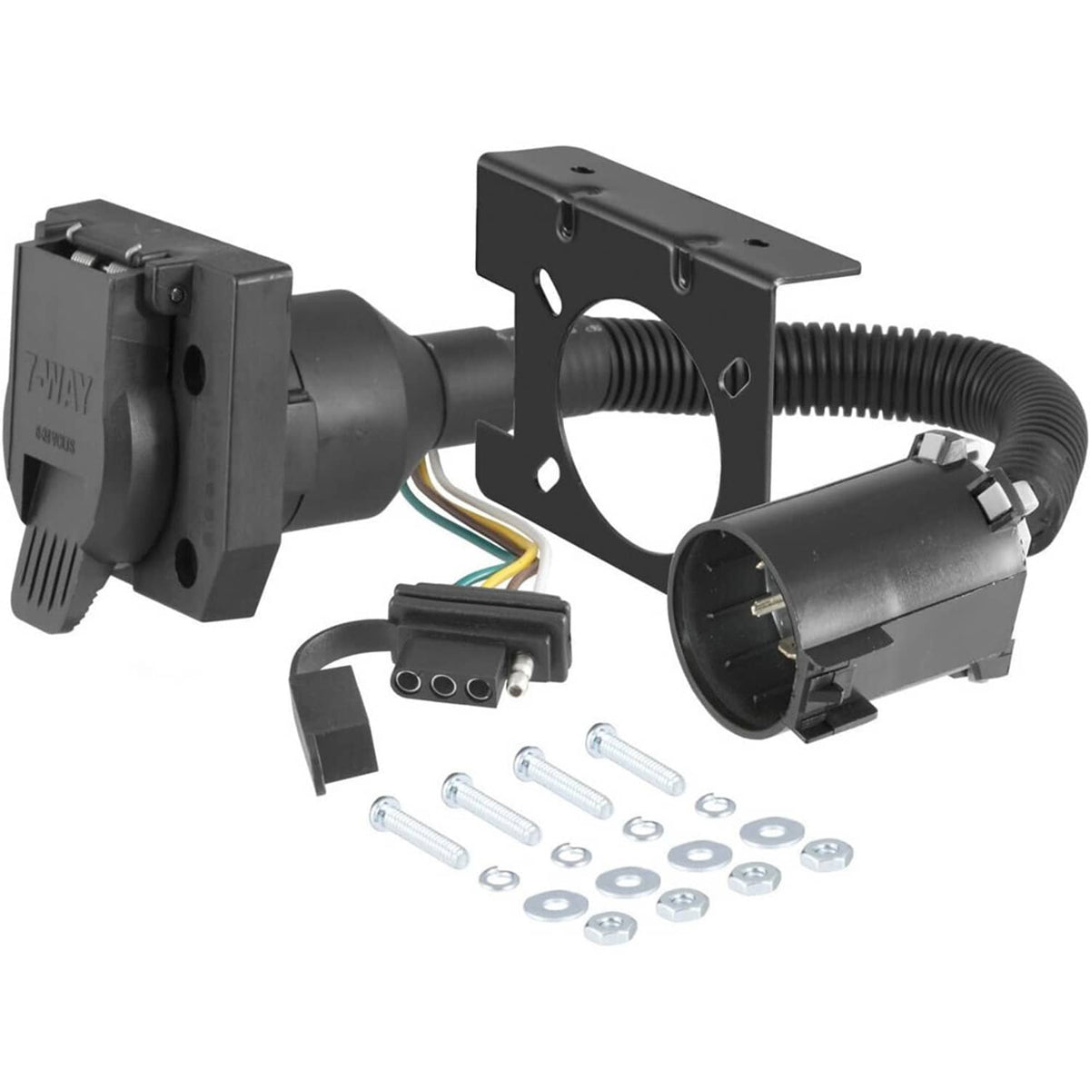 7-way trailer wiring harness with black connector, mounting plate, and bundled wire leads