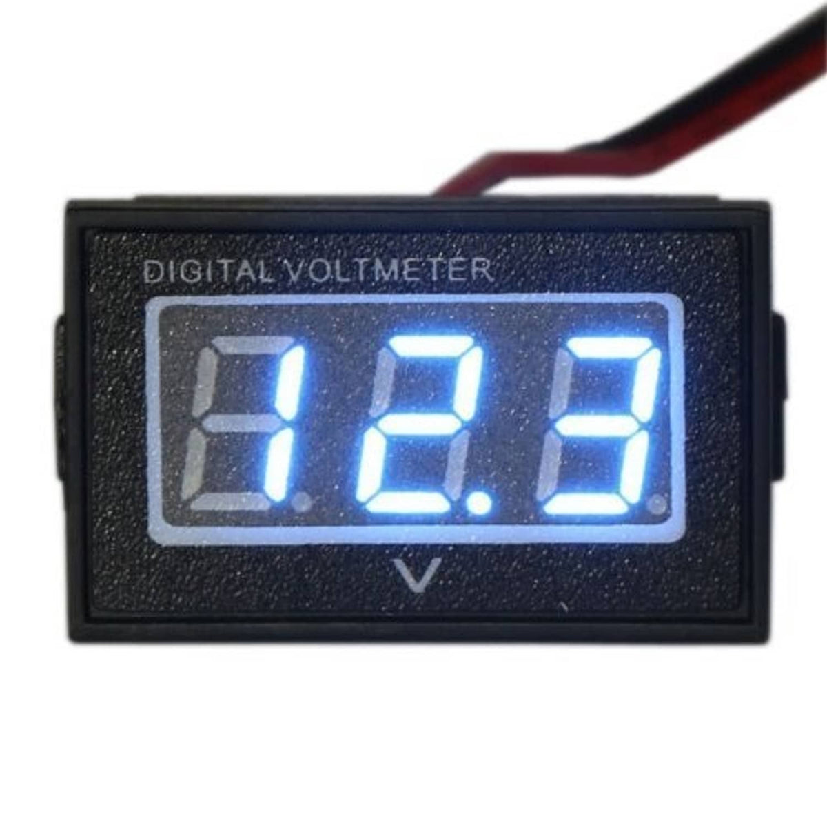 Front view digital voltmeter with blue LED display showing a voltage reading and V