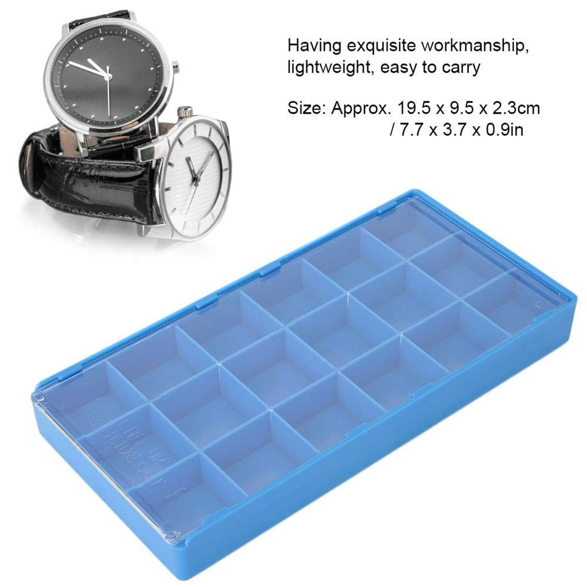 Blue plastic watch parts organizer box with open compartment grid and clear cover