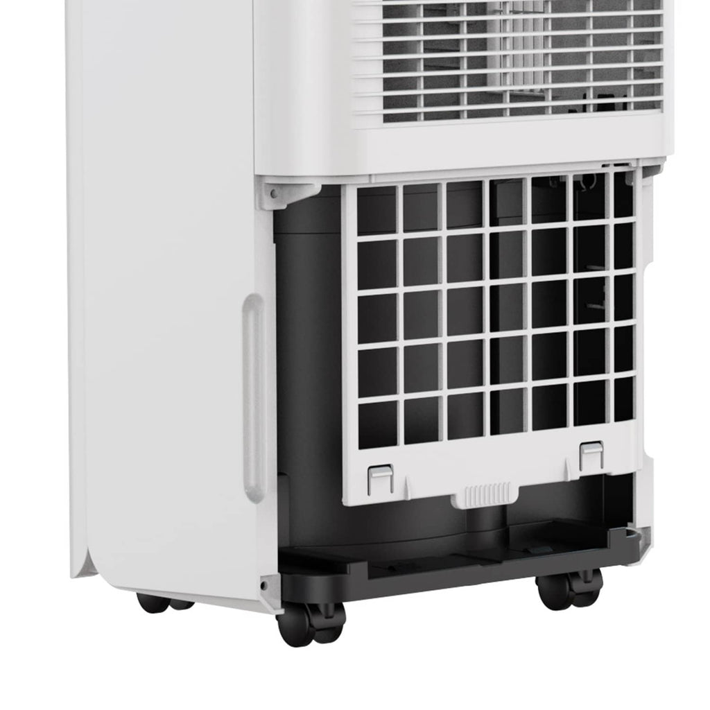 Uimoso 35-pint dehumidifier, front grille and removable bucket/tank base, wheels