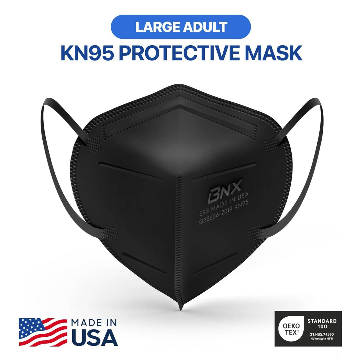 Black BNX KN95 protective face mask, large adult, standalone view with ear loops