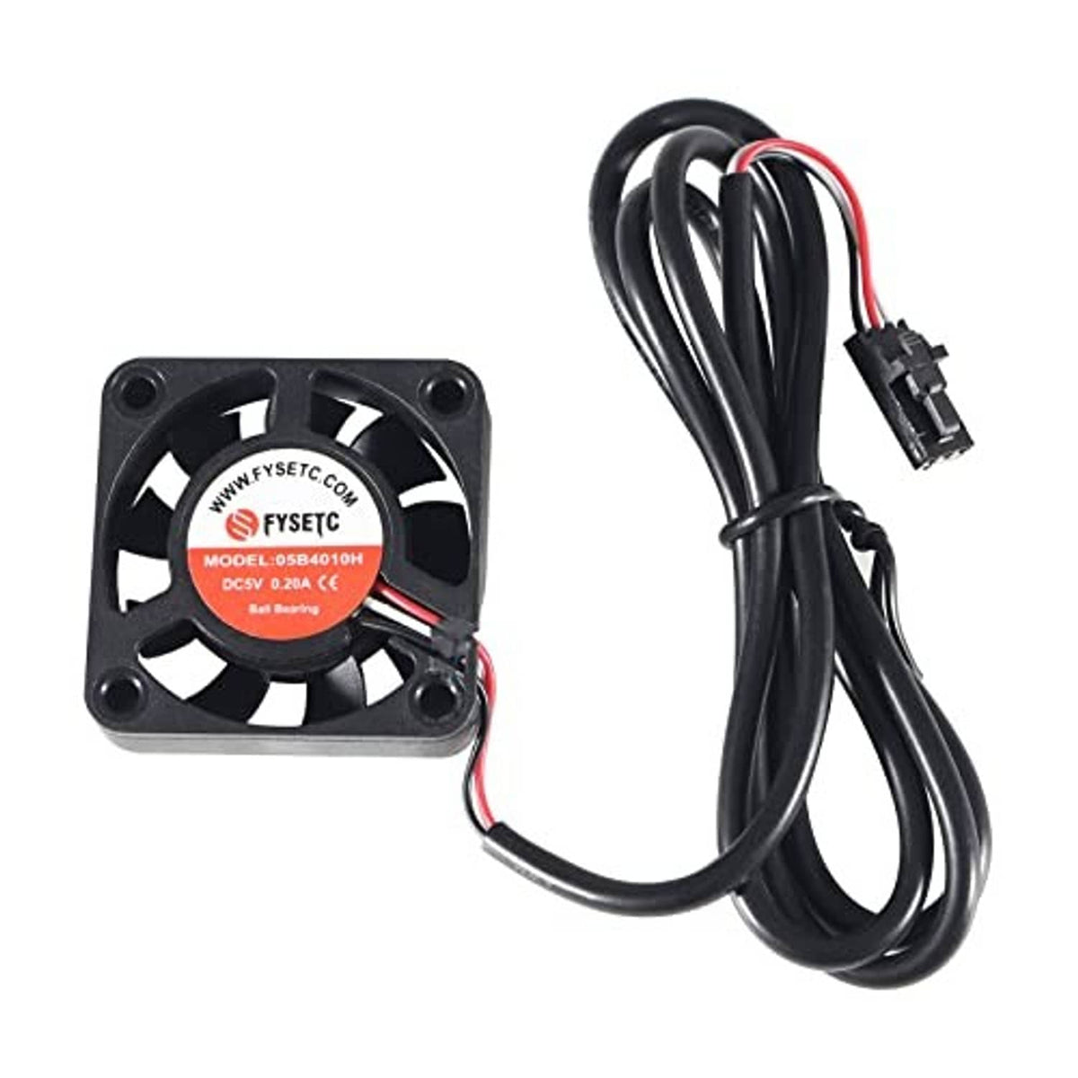 Square cooling fan with red label and black power cable with connector