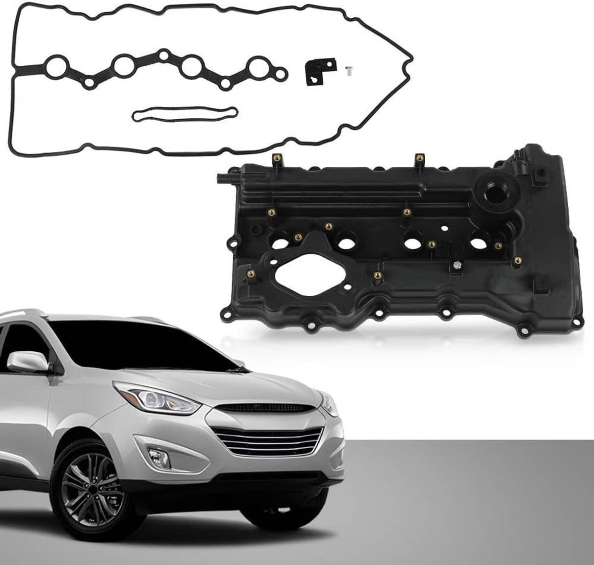 Black valve cover with gasket set, shown with separate gasket outlines