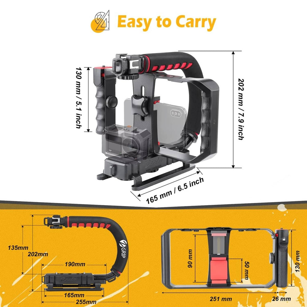 Black smartphone handheld stabilizer rig with size measurement diagram