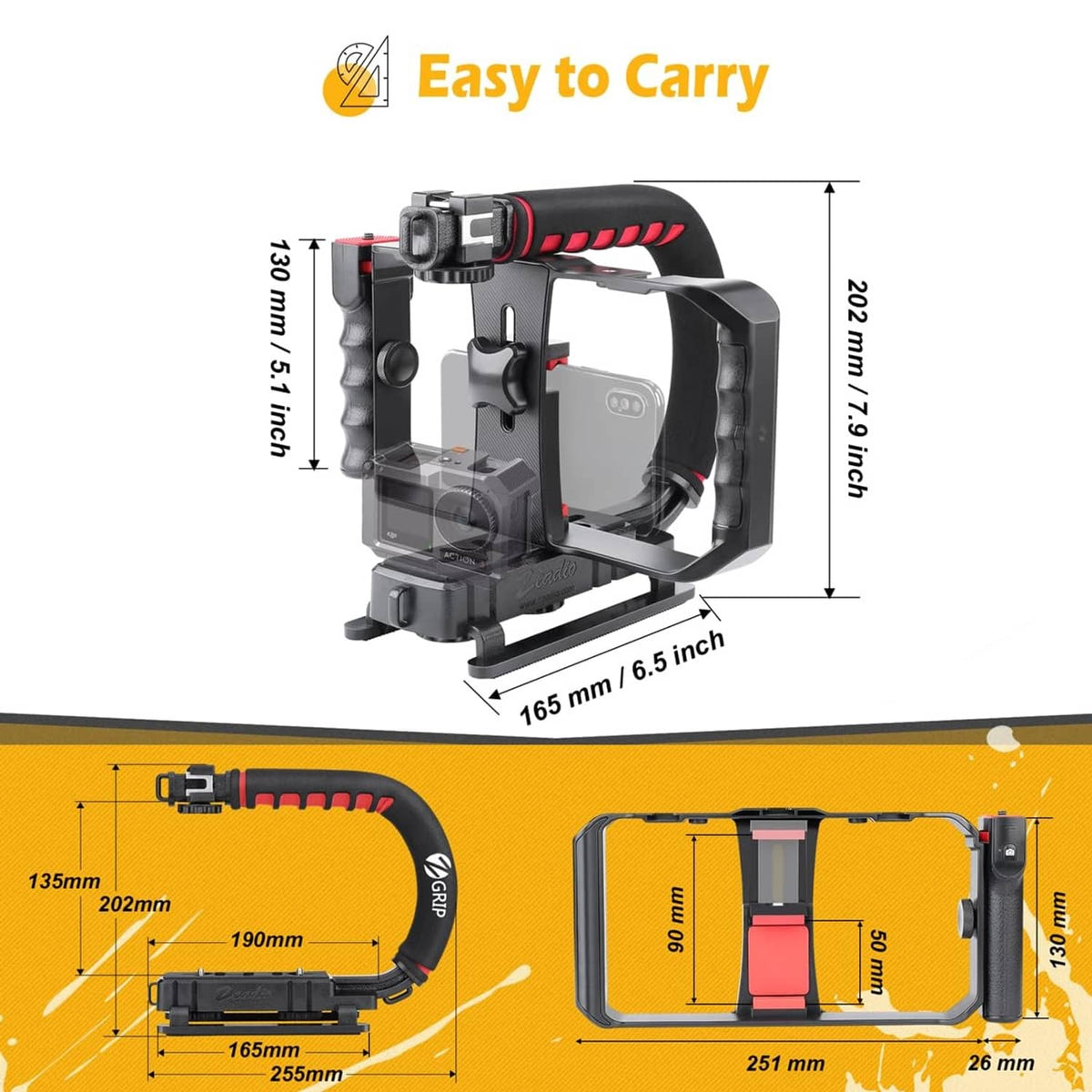 Black smartphone handheld stabilizer rig with size measurement diagram