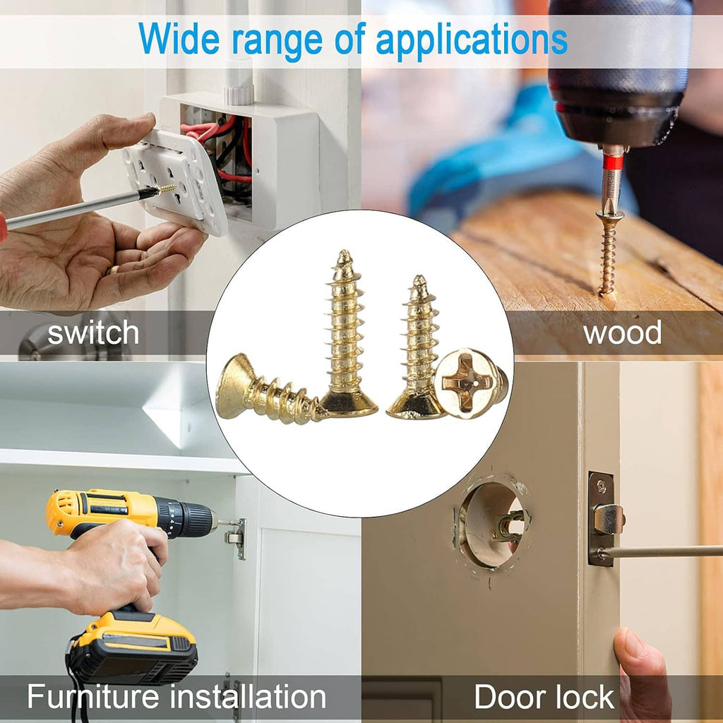 Gold plated Phillips flat head self tapping screws shown for wood and furniture use