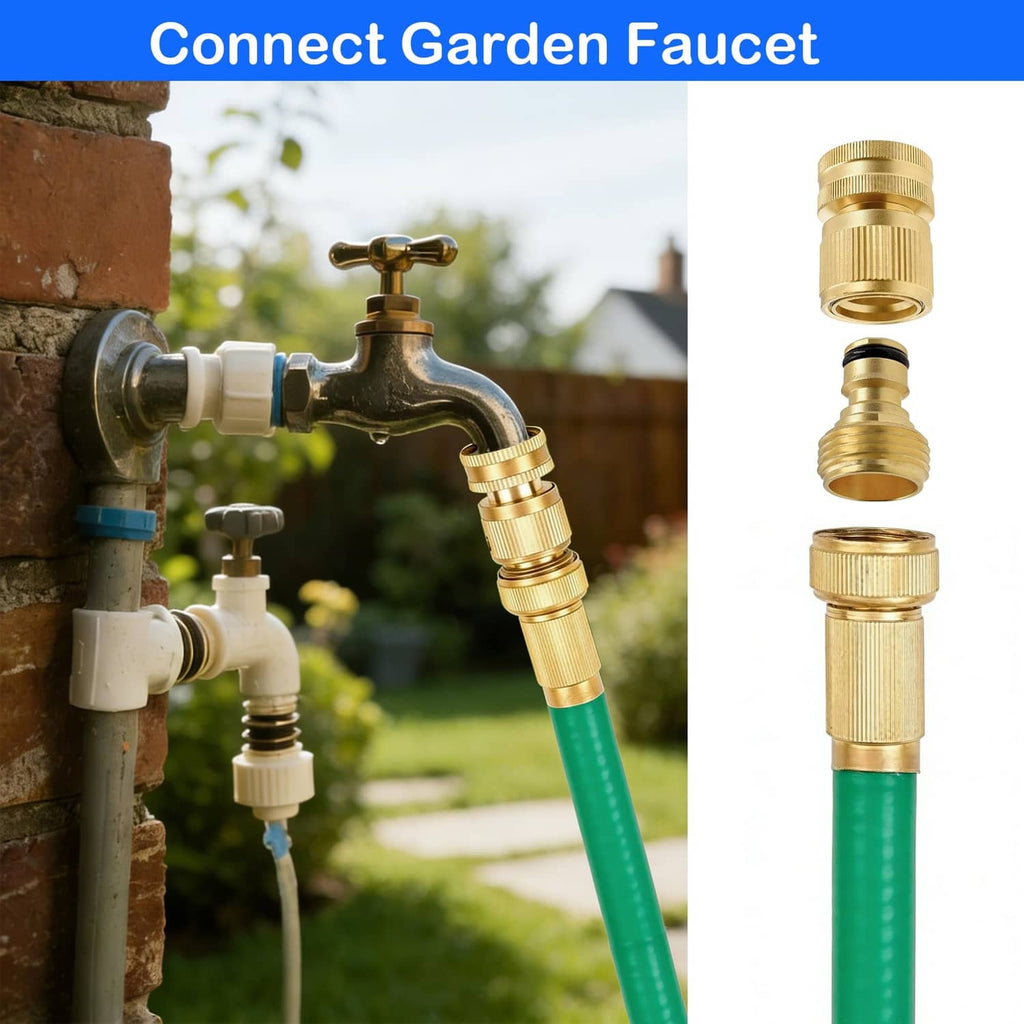 Gold solid brass garden hose quick connector attached to a green garden hose
