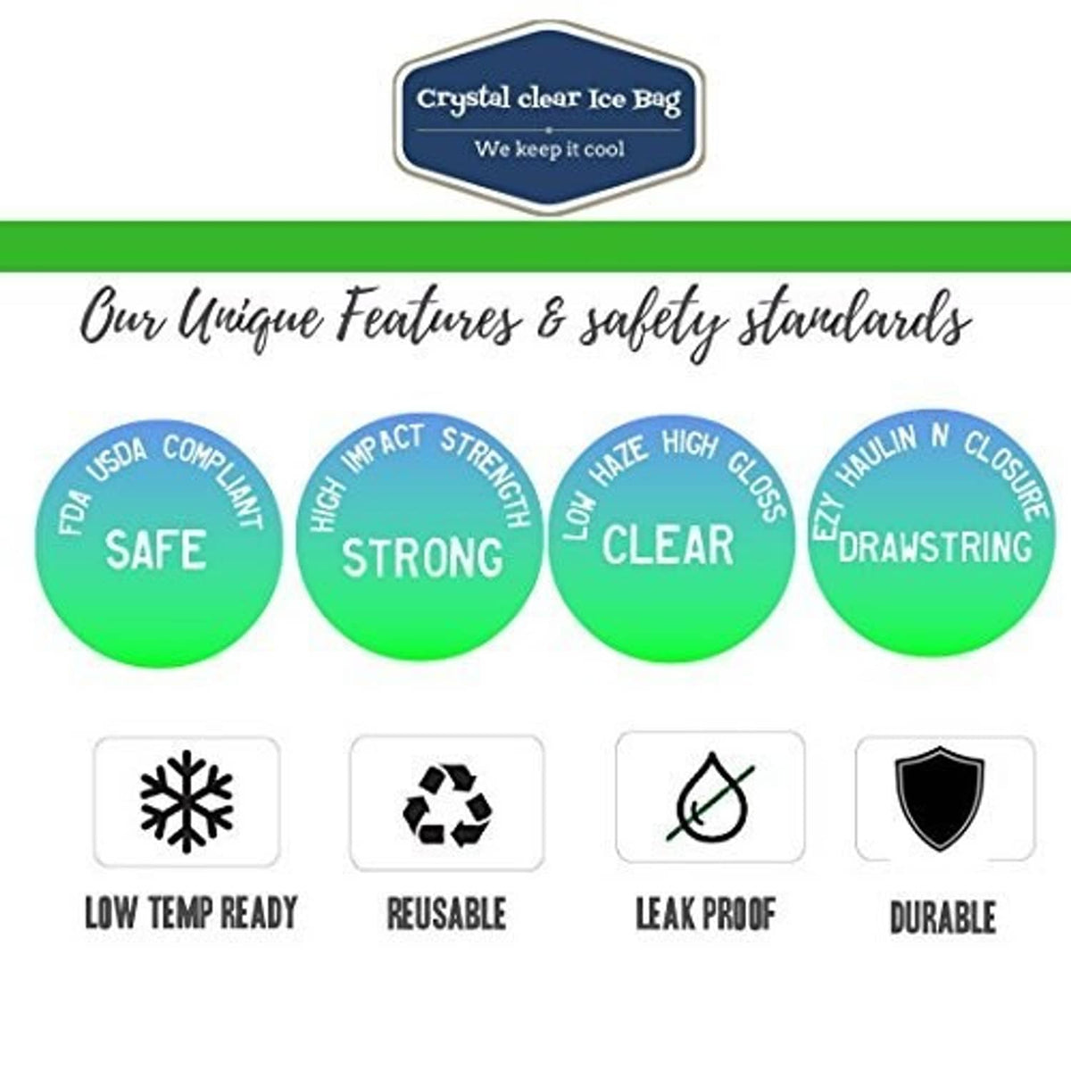 Clear plastic ice bag shown with safety icons; cotton drawstring at the top