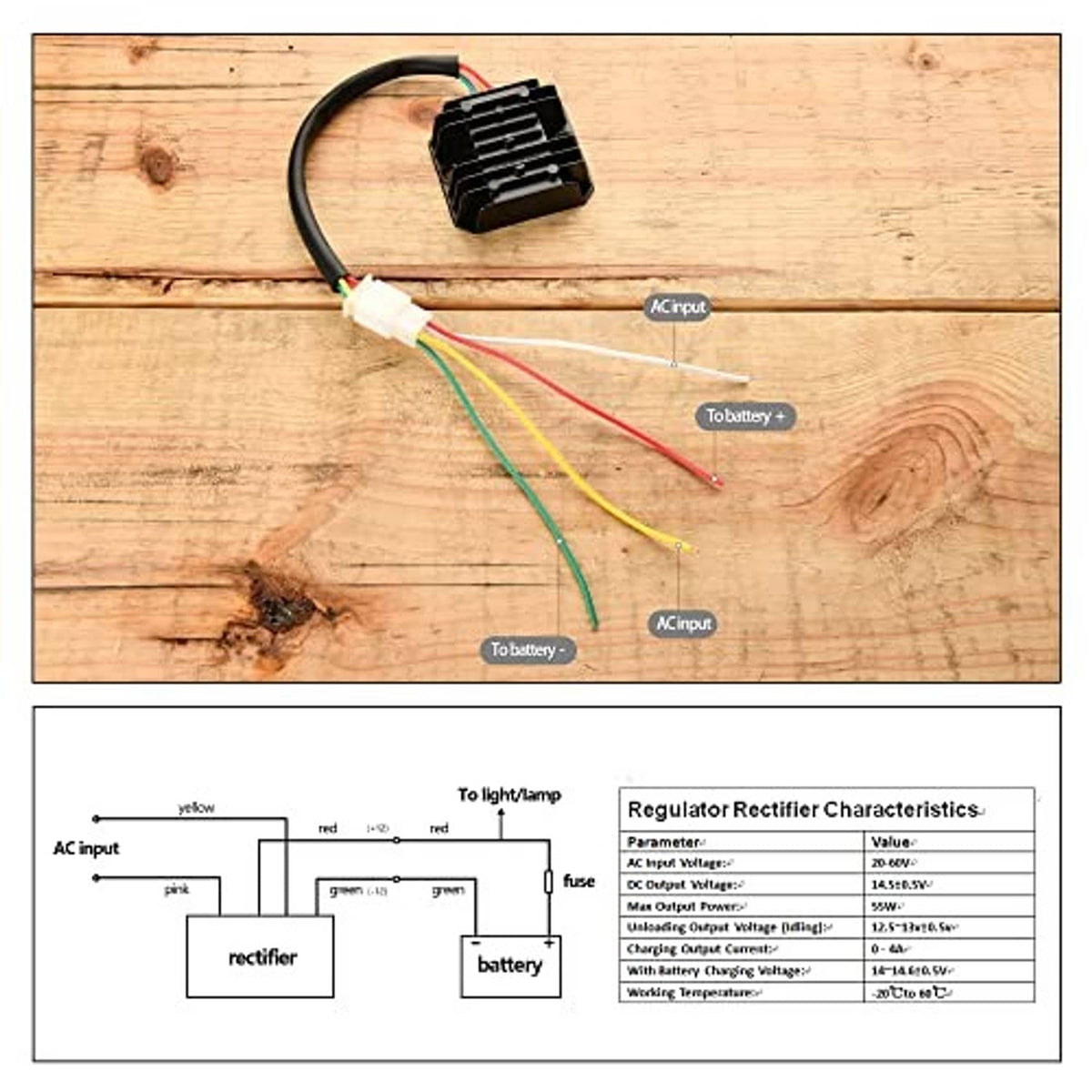 Regulator rectifier wiring diagram showing AC input, rectifier, and battery connections
