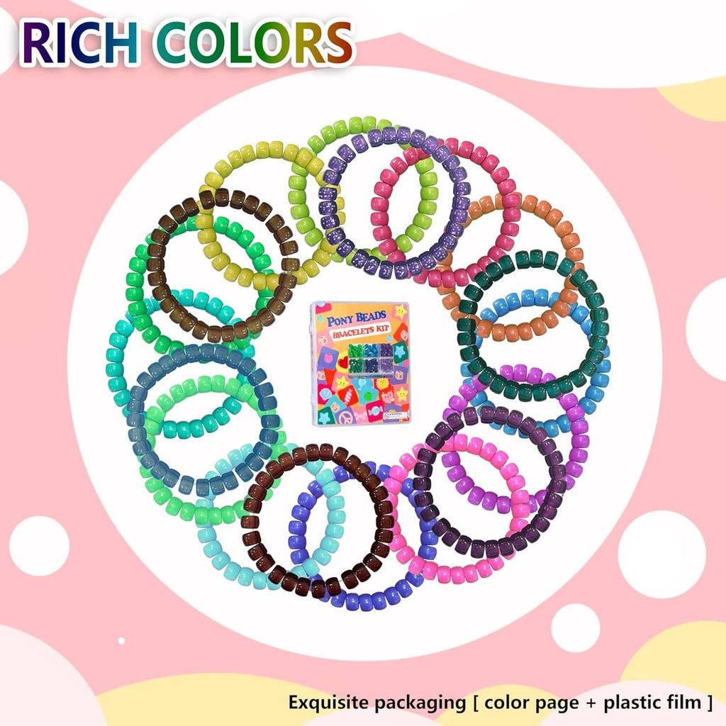 Colorful pony bead bracelets kit shown with multiple wrapped bead strands in bright colors