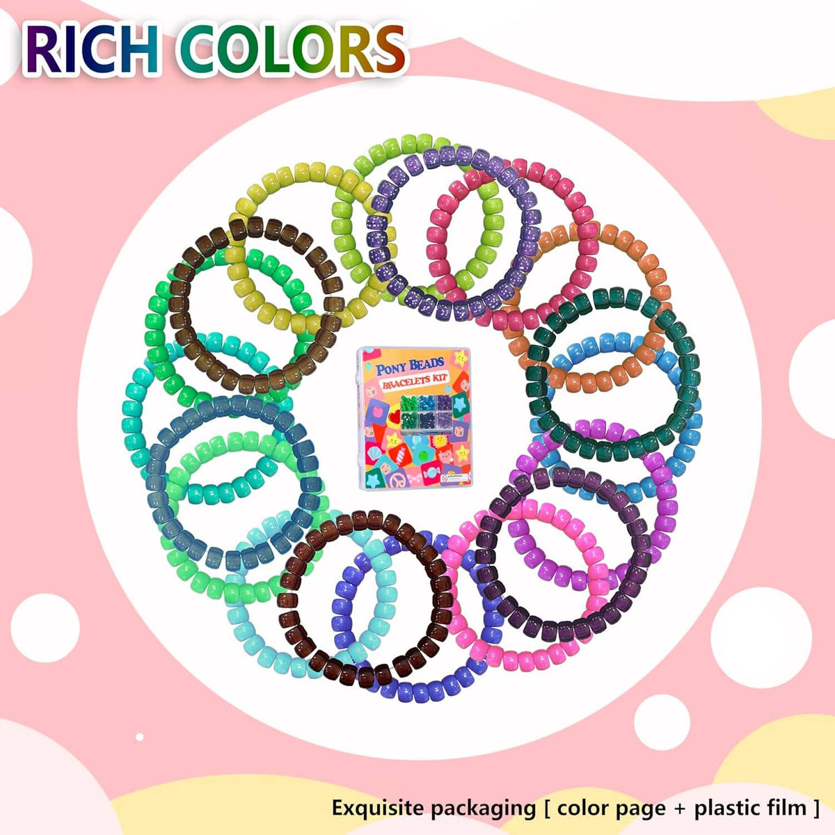 Colorful pony bead bracelets kit shown with multiple wrapped bead strands in bright colors