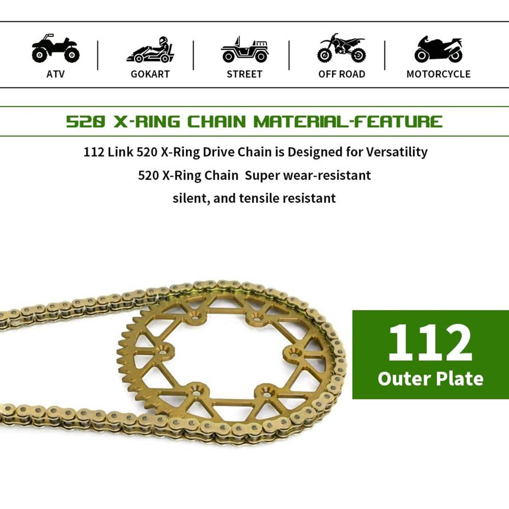 Gold motorcycle chain with large outer-plate sprocket graphic, X-ring style links
