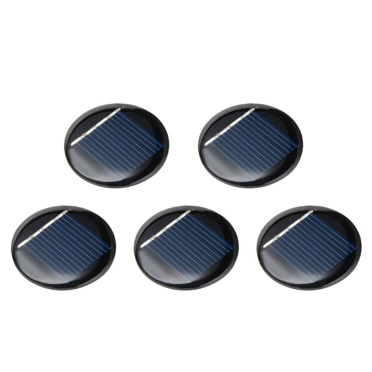 Set of five mini round solar cell panels, polycrystalline, blue cells with black edges.
