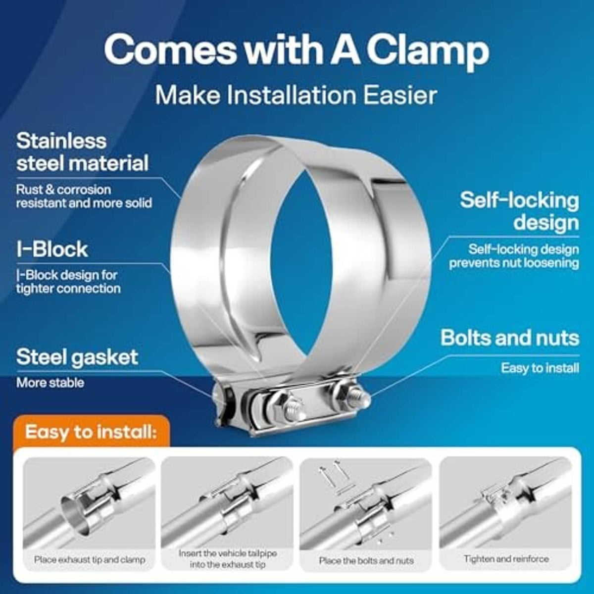 Silver exhaust elbow pipe with included clamp, self-locking design and bolts