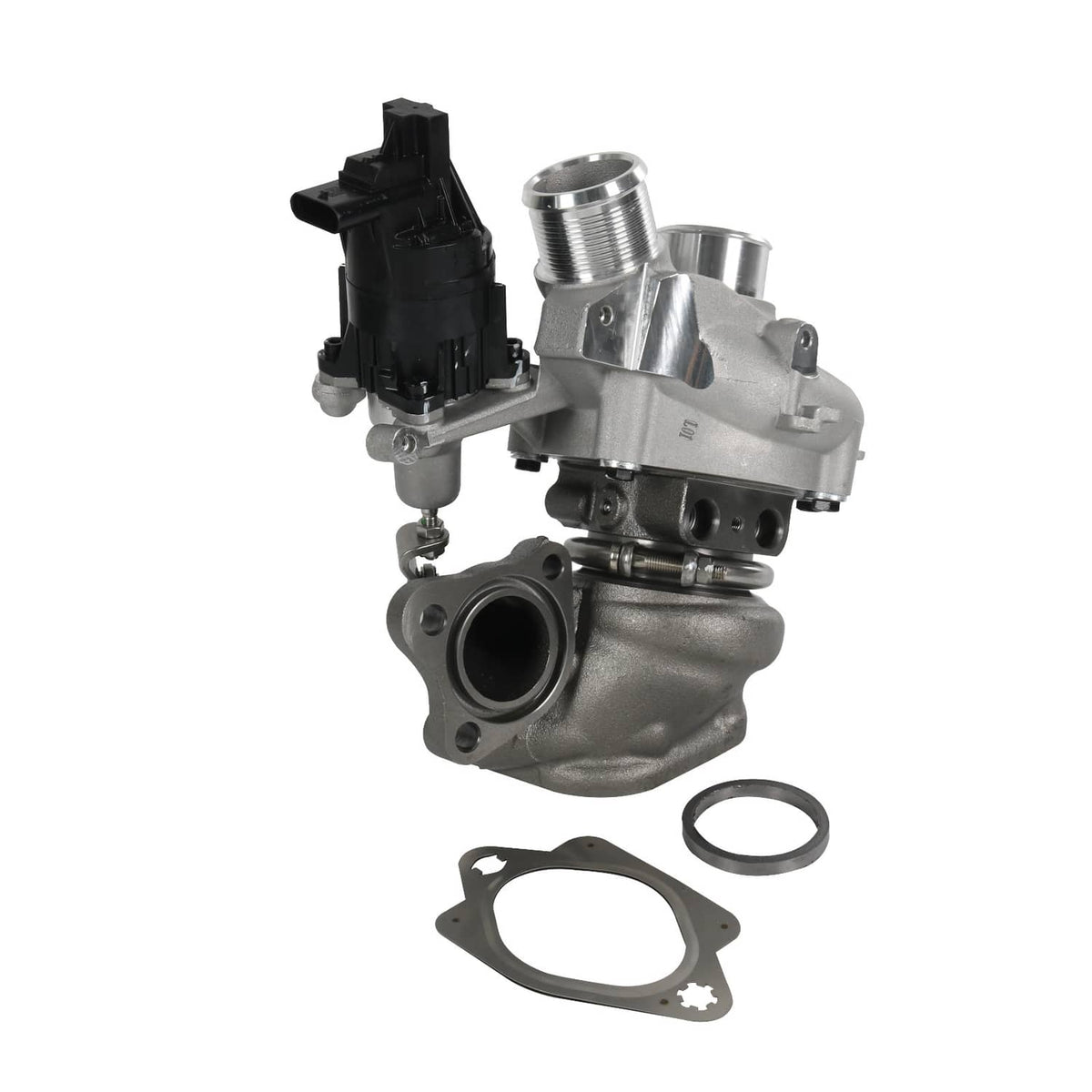 Turbocharger with silver housing, black connector, and included gasket ring