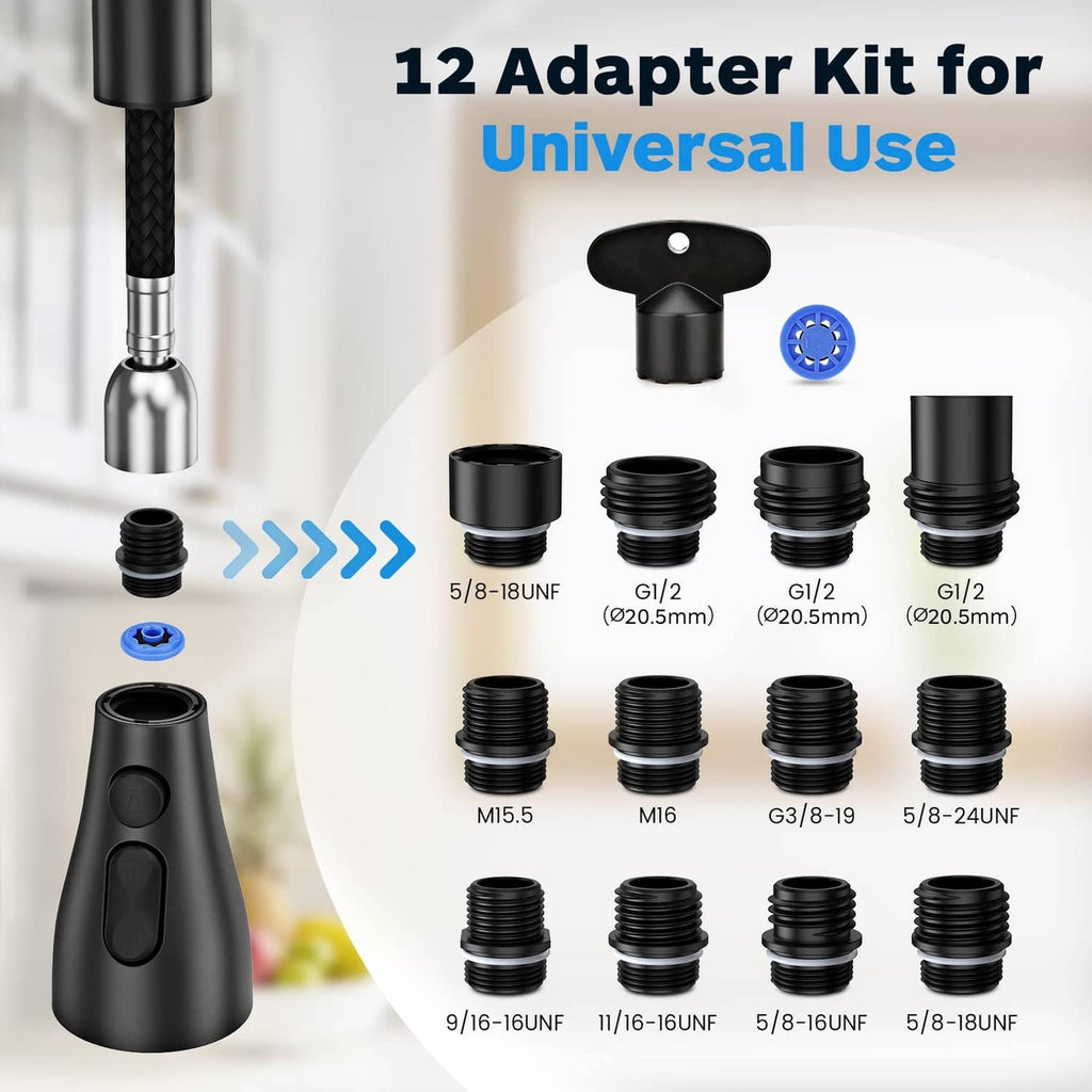Black universal adapter kit for faucet head replacement with multiple threaded inserts