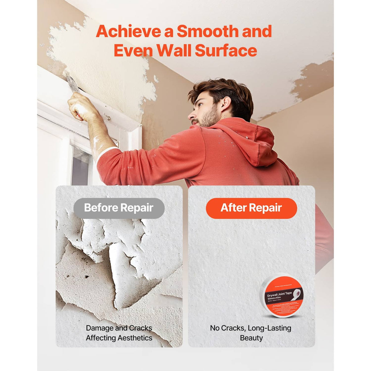 Drywall joint tape used to smooth cracks on a wall, with roll and mesh tape