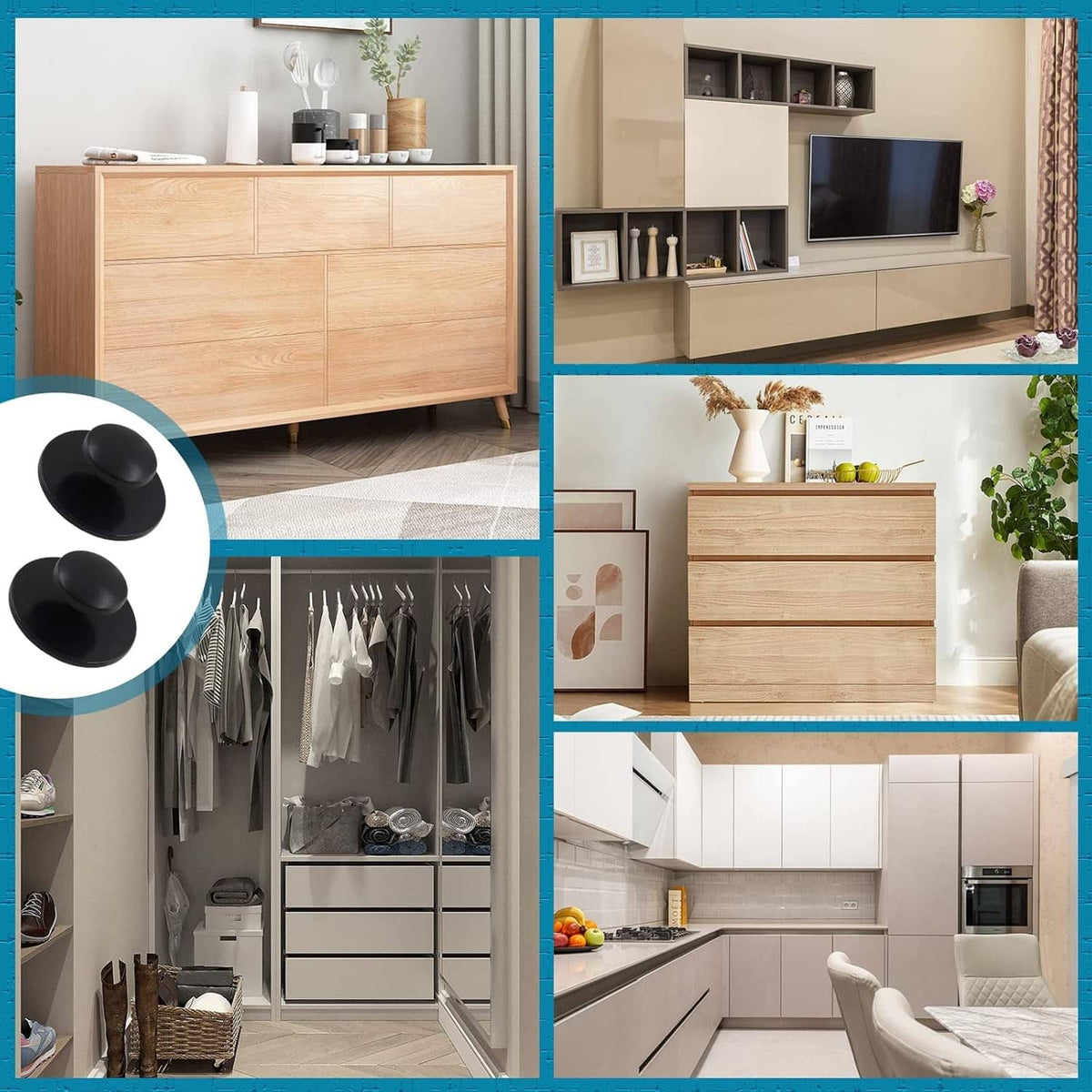 Self-stick matte black knobs shown on furniture drawers and cabinets