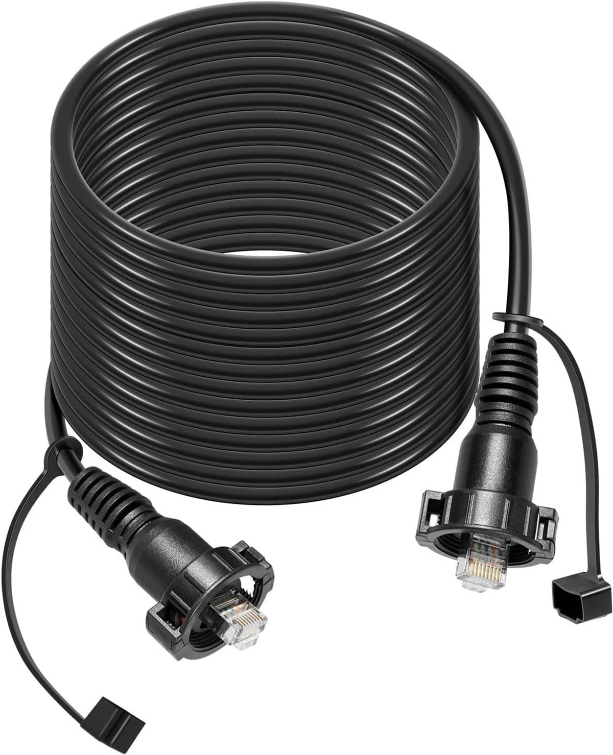 Coiled marine network cable with RJ45 male connector ends and protective caps