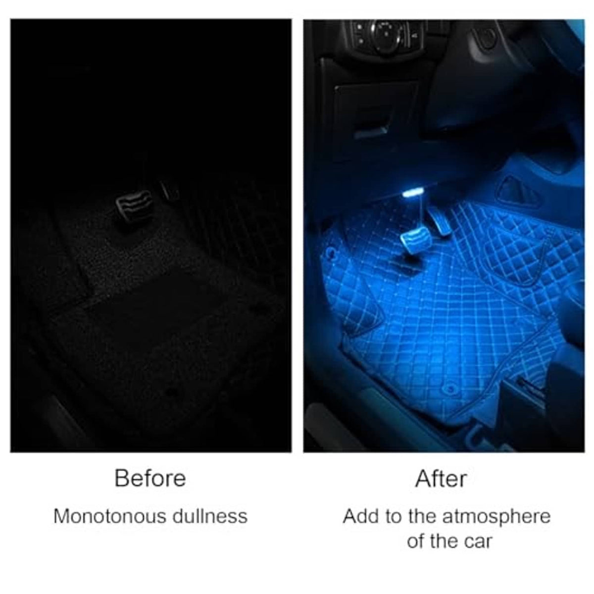 Wireless car ambient LED lights illuminating car floor in bright blue.