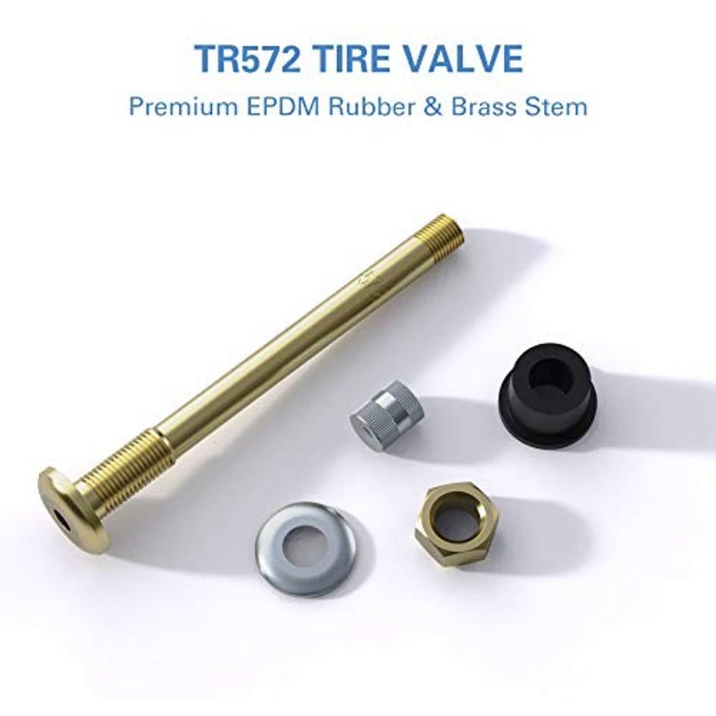 Brass tire valve stem with included metal caps and black rubber insert