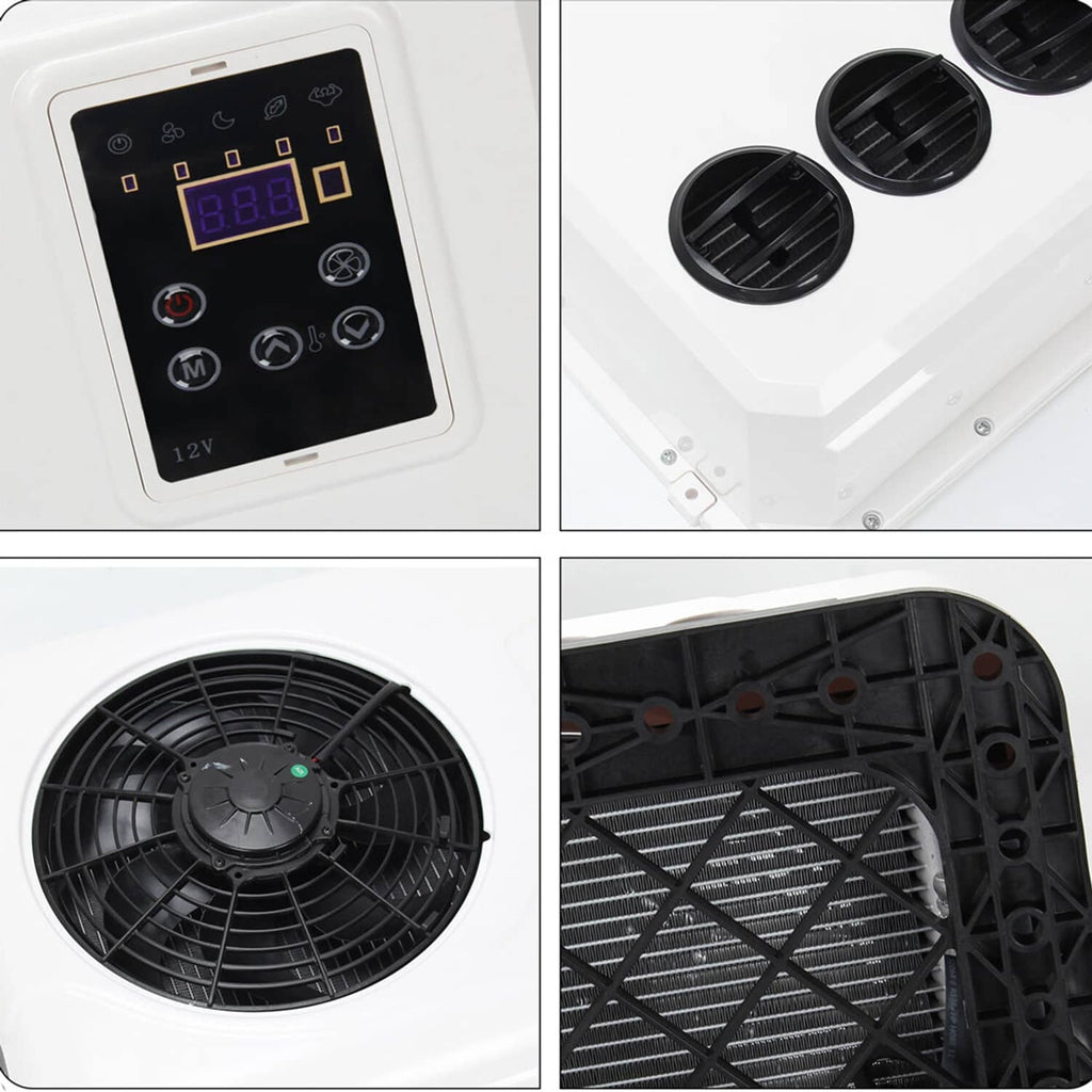 Indoor AC control panel and vent grilles with close-up of fan-side components