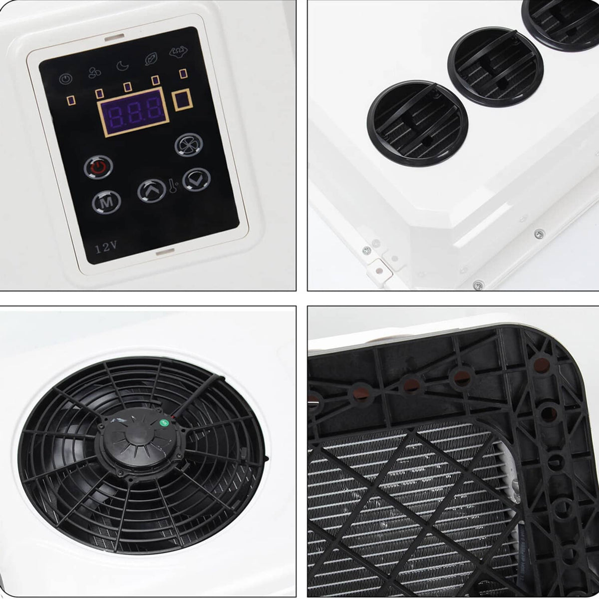 Indoor AC control panel and vent grilles with close-up of fan-side components