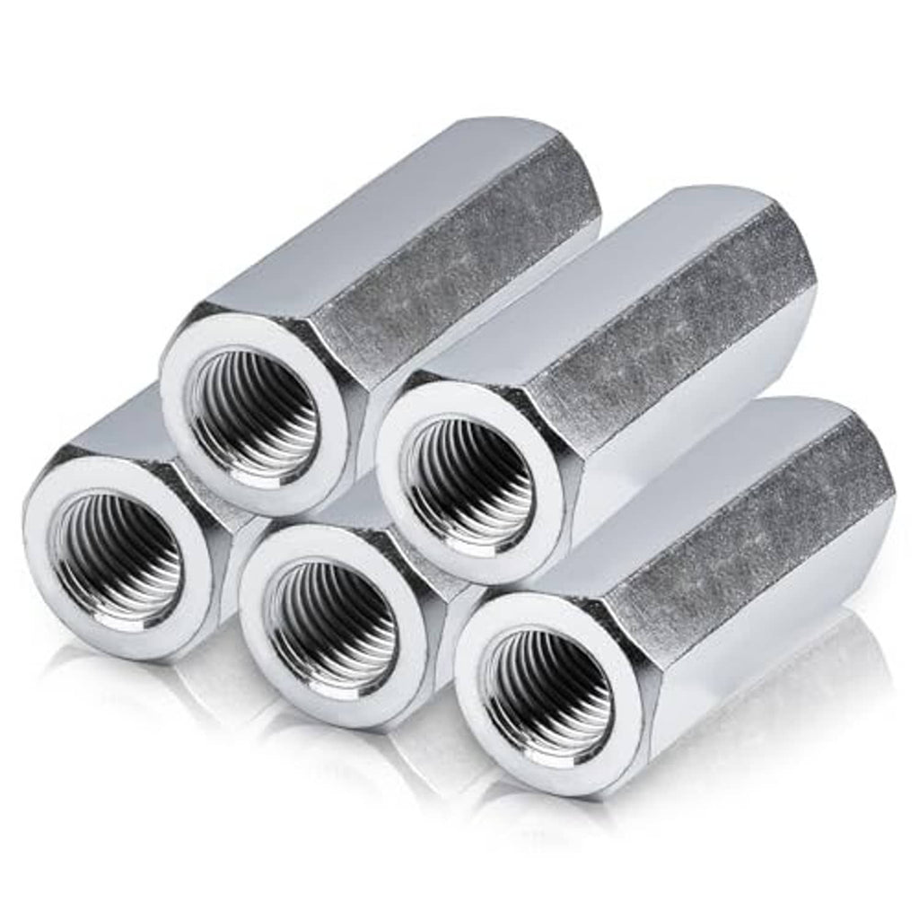 Zinc-plated hex coupling nuts, six-piece view showing threaded bores