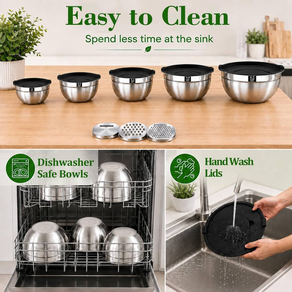 Stainless mixing bowls set with black lids and stainless grater attachments, multiple sizes