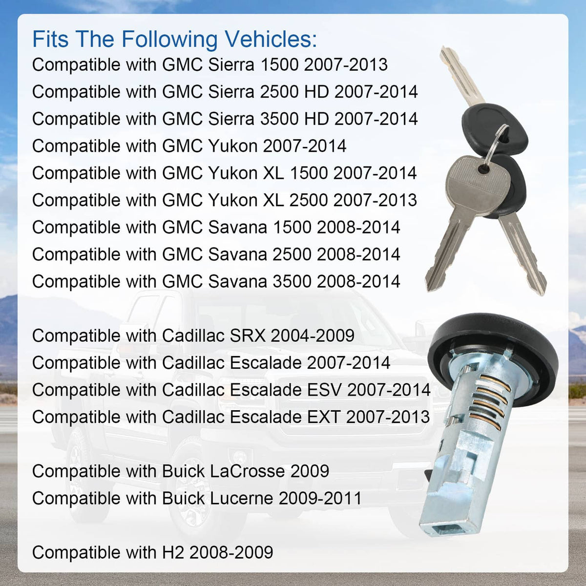 Ignition lock cylinder with key heads and blades, shown on compatibility card