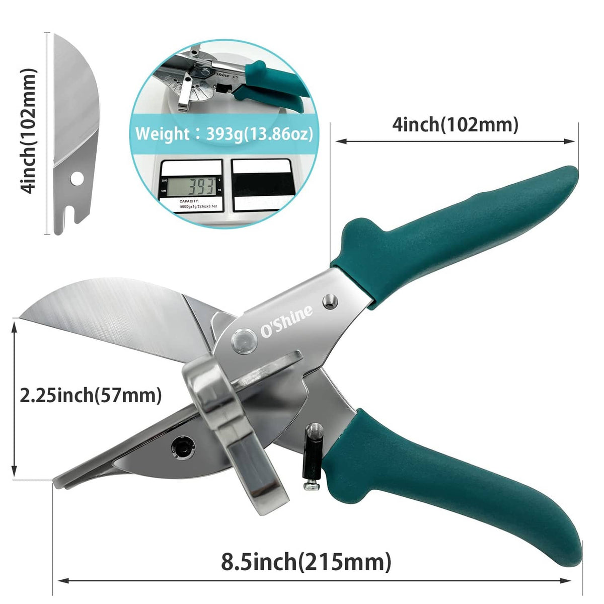 Miter shears with teal handles and silver blade body with measurement markings