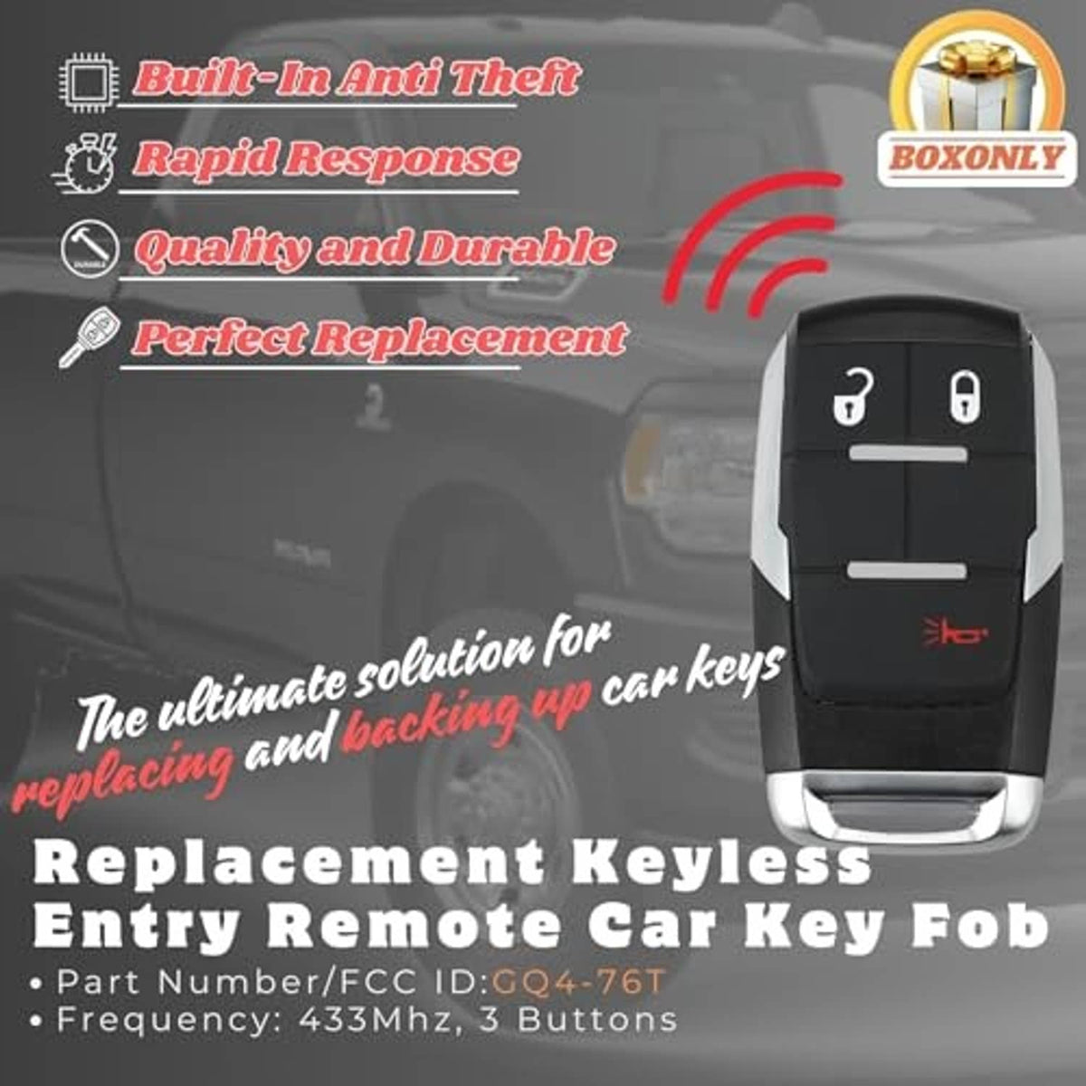 Black keyless entry remote key fob with lock and unlock icons and silver base
