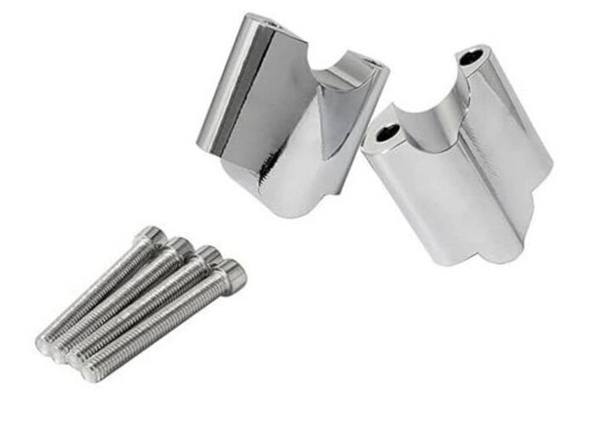 Chrome motorcycle handlebar riser clamp brackets with mounting bolts, CNC aluminum.