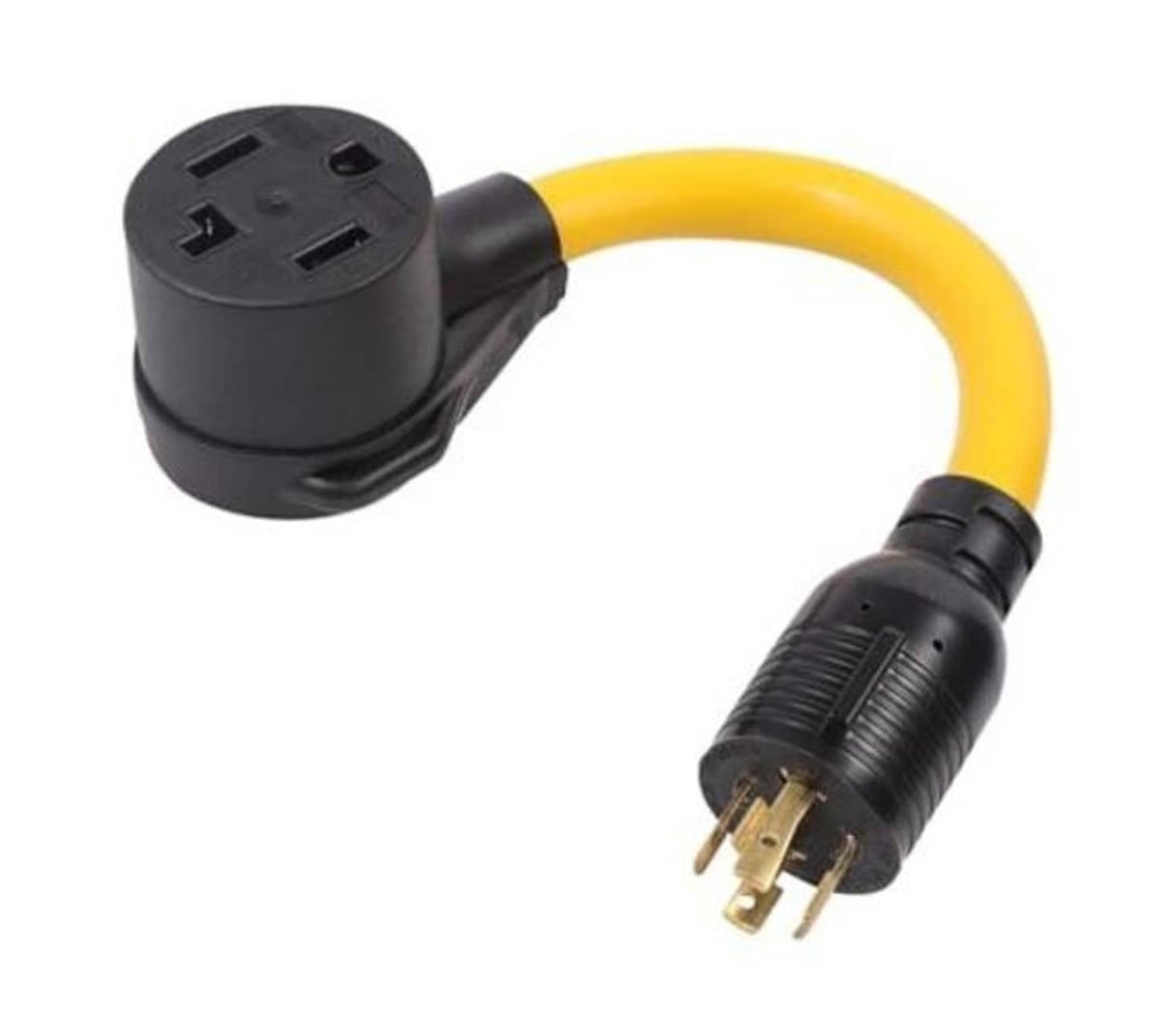 Twist-lock power adapter with black plug, yellow cable, and 4-prong connector