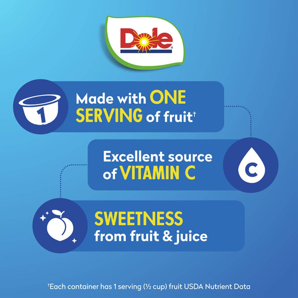 Dole fruit snack info panel: one serving, vitamin C source, sweetness from fruit & juice